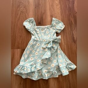 Girls' Light Blue Daisy Wrap Dress with Puff Sleeves